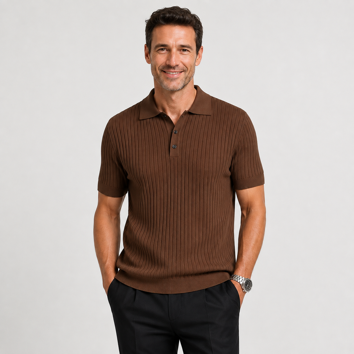 Montarello Men's Striped Knit Polo Shirt with Lapel Collar