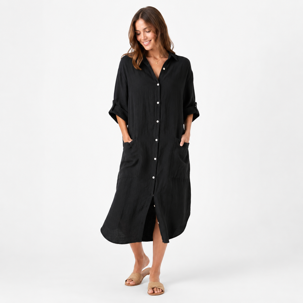 Robe-chemise midi effet lin boutonnée sur le devant pour femme Montarello