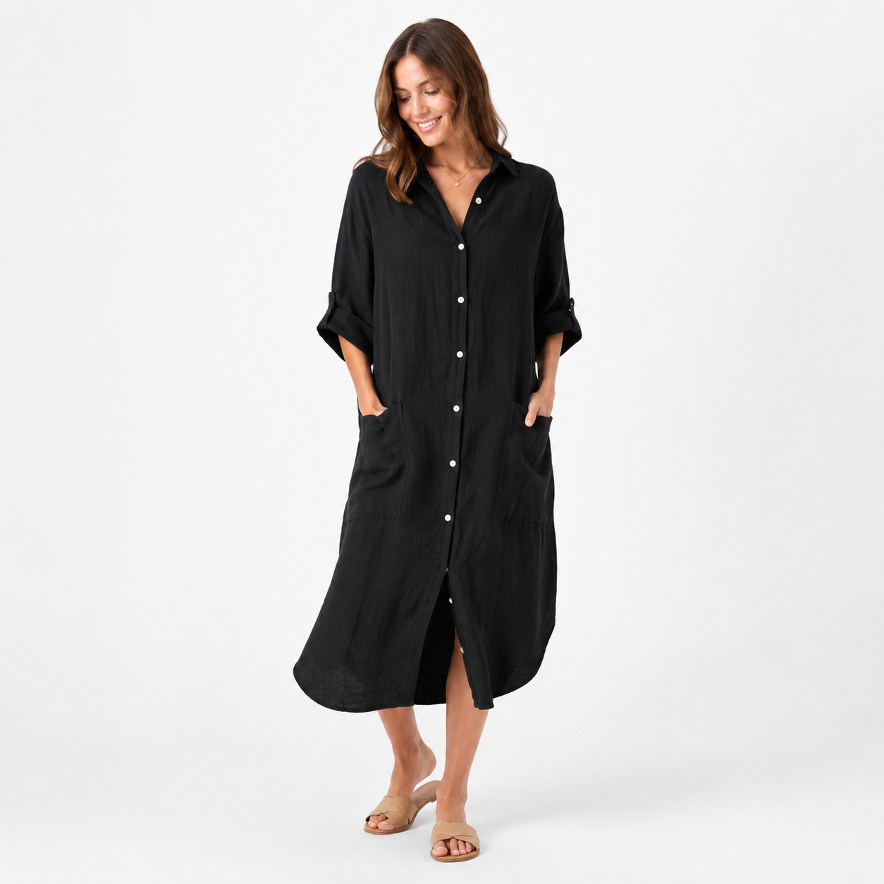 Montarello Women's Linen-Look Shirt Dress Button-Front Midi