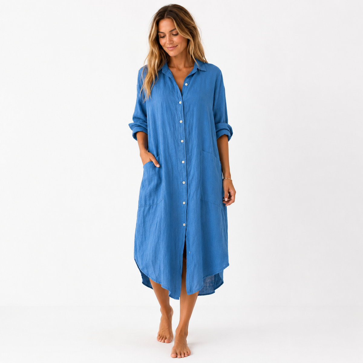 Robe-chemise midi effet lin boutonnée sur le devant pour femme Montarello