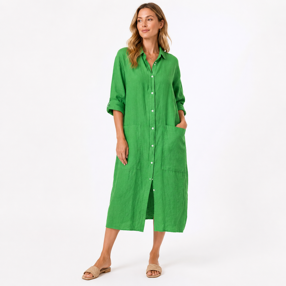 Robe-chemise midi effet lin boutonnée sur le devant pour femme Montarello