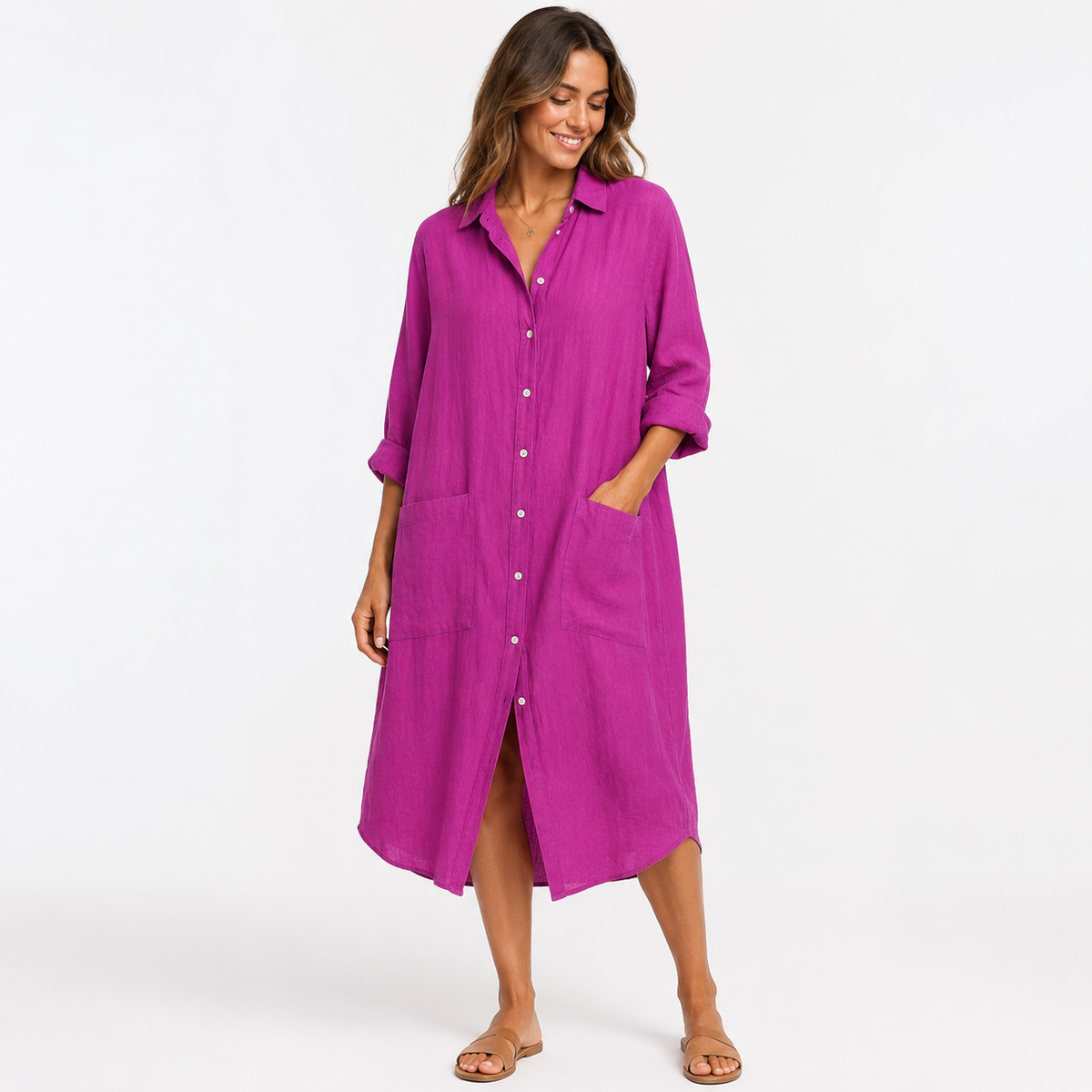 Robe-chemise midi effet lin boutonnée sur le devant pour femme Montarello