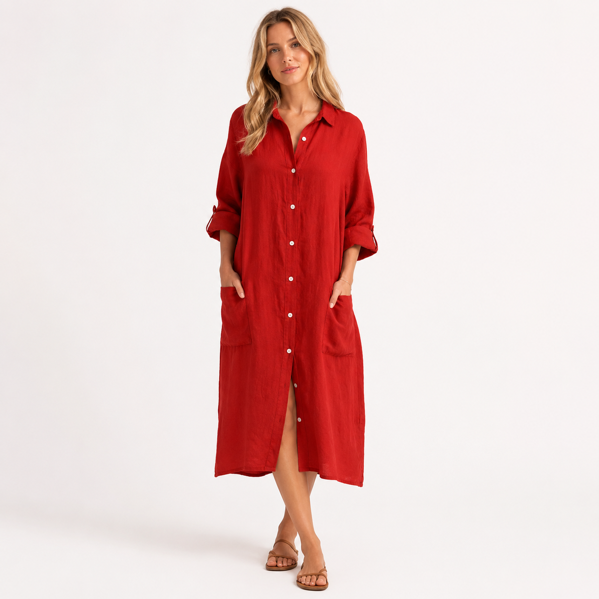 Robe-chemise midi effet lin boutonnée sur le devant pour femme Montarello