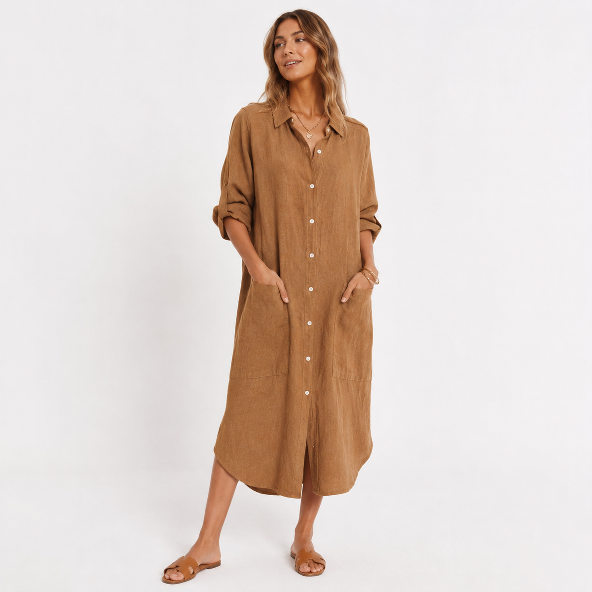 Robe-chemise midi effet lin boutonnée sur le devant pour femme Montarello