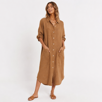 Montarello Women's Linen-Look Shirt Dress Button-Front Midi
