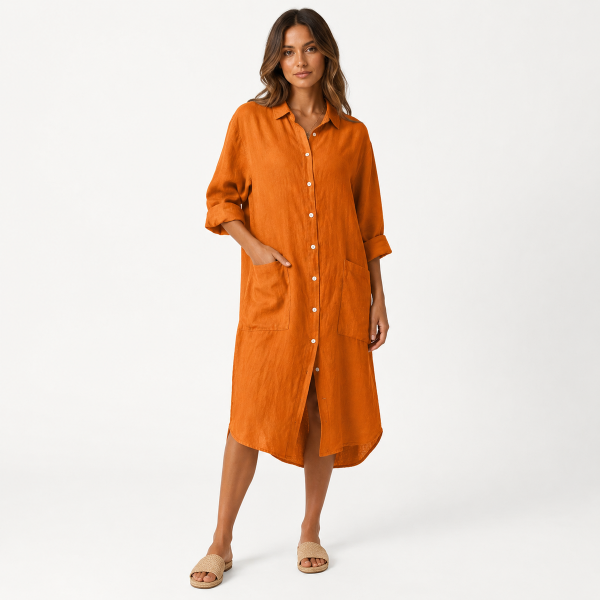 Robe-chemise midi effet lin boutonnée sur le devant pour femme Montarello