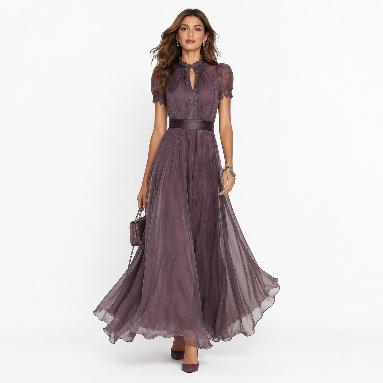 Montarello Women's Lace-Trim Chiffon Occasion Maxi Dress