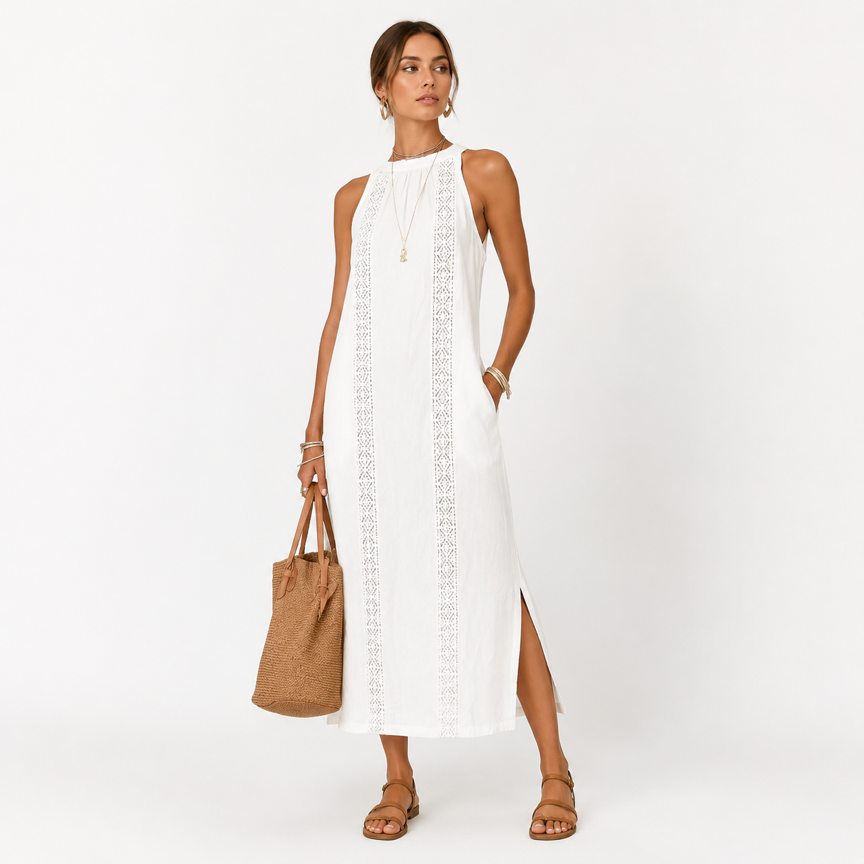 Montarello Women's Sleeveless Stand-Collar Linen-Blend Summer Midi Dress