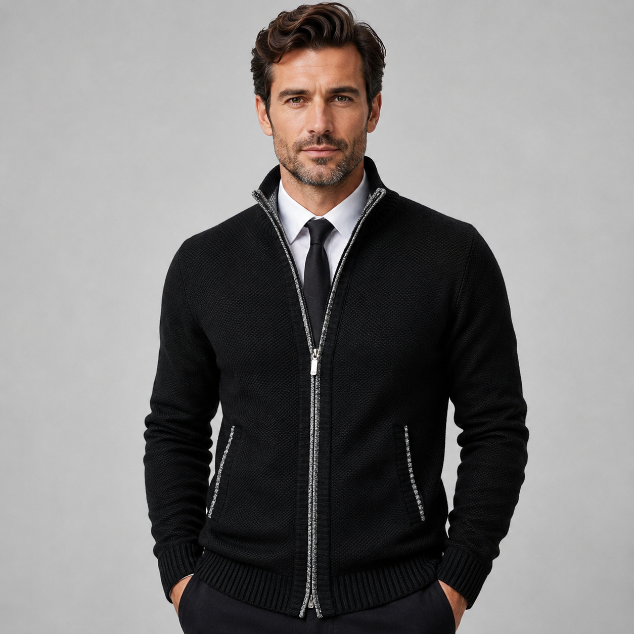 Montarello Men's Fleece Zip-Up Cardigan with Stand Collar