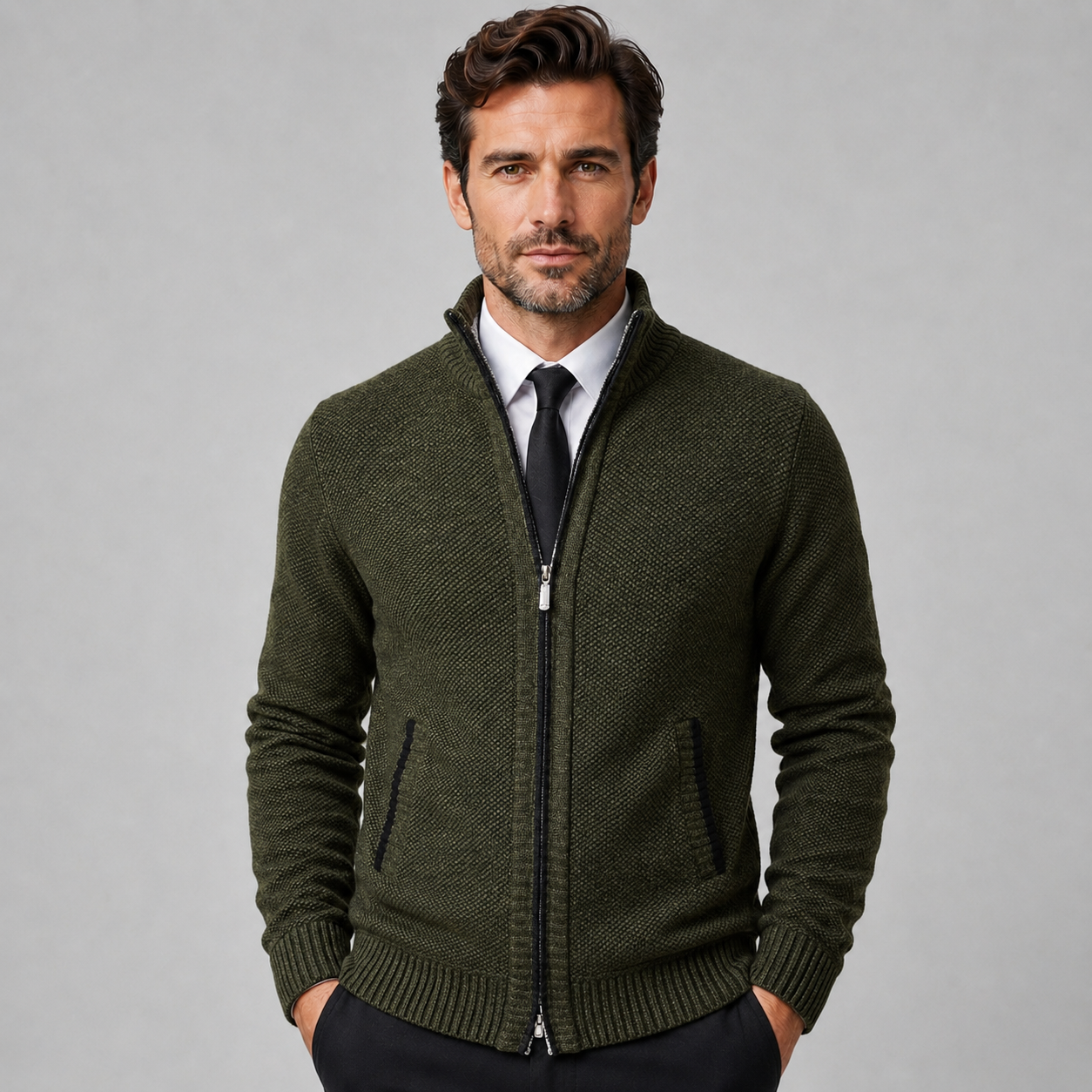 Montarello Men's Fleece Zip-Up Cardigan with Stand Collar