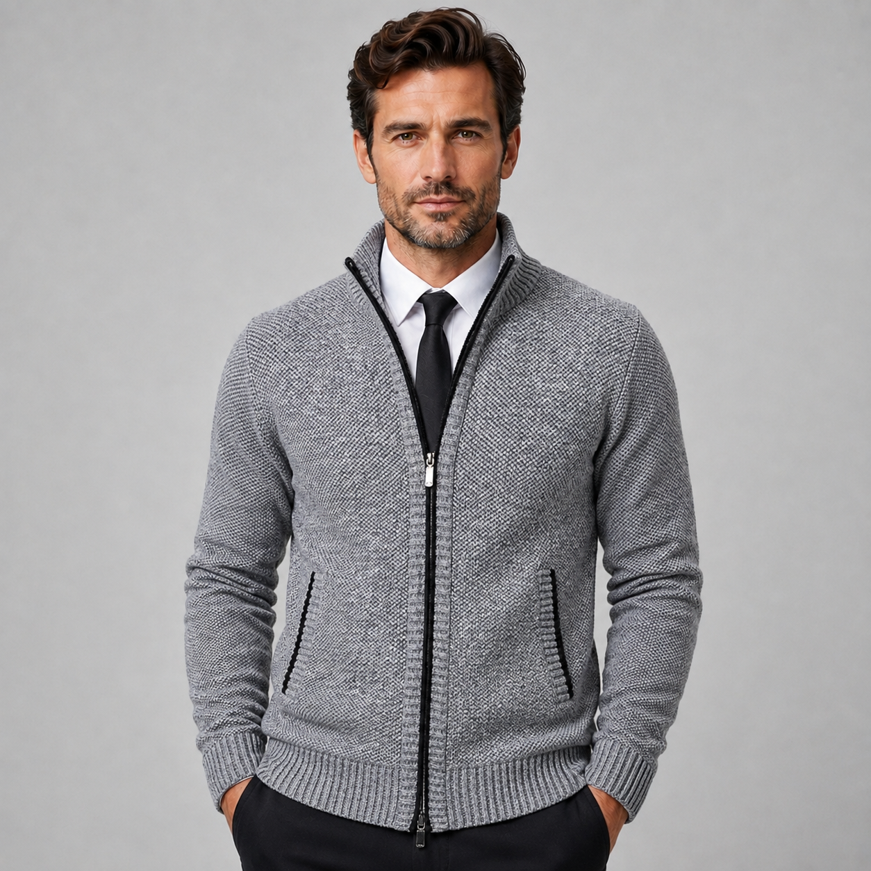 Montarello Men's Fleece Zip-Up Cardigan with Stand Collar