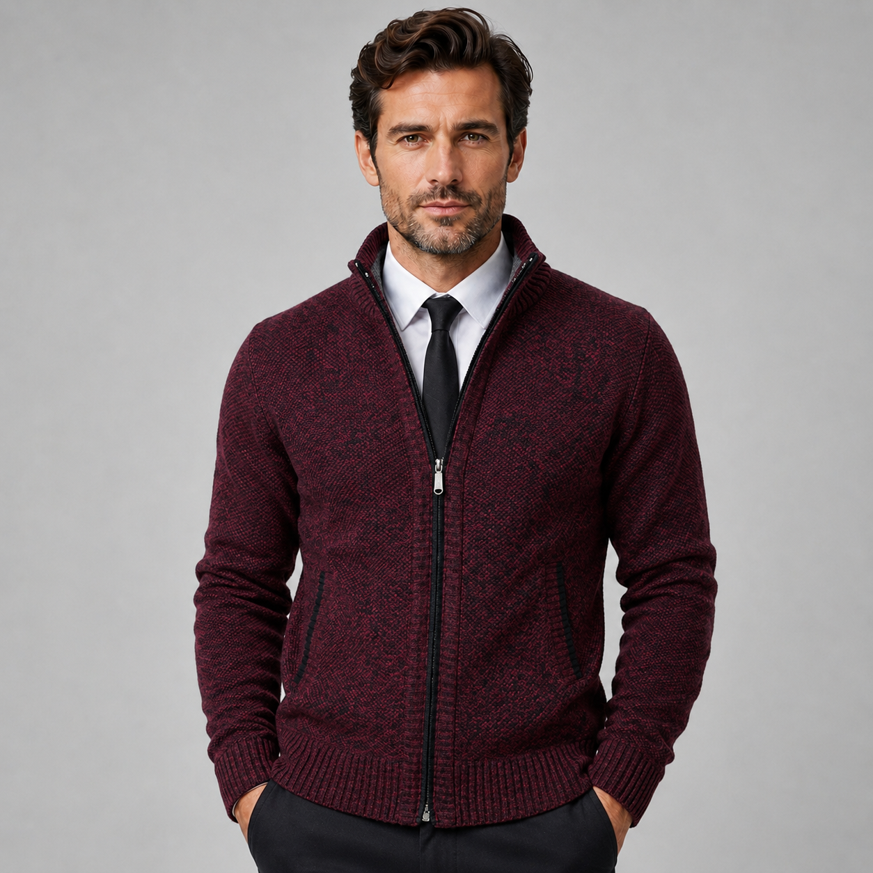 Montarello Men's Fleece Zip-Up Cardigan with Stand Collar