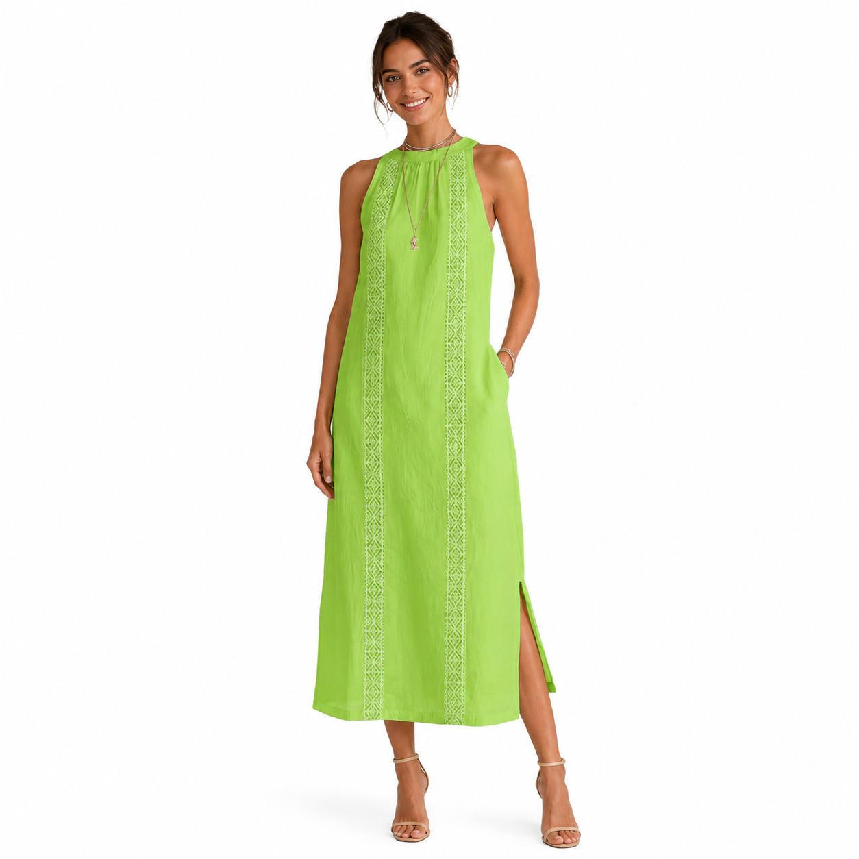 Montarello Women's Sleeveless Stand-Collar Linen-Blend Summer Midi Dress