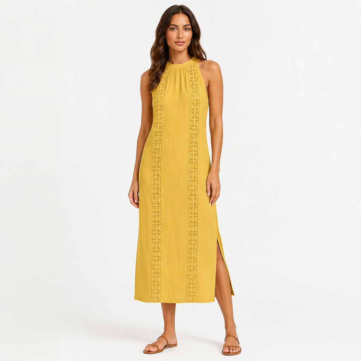 Montarello Women's Sleeveless Stand-Collar Linen-Blend Summer Midi Dress