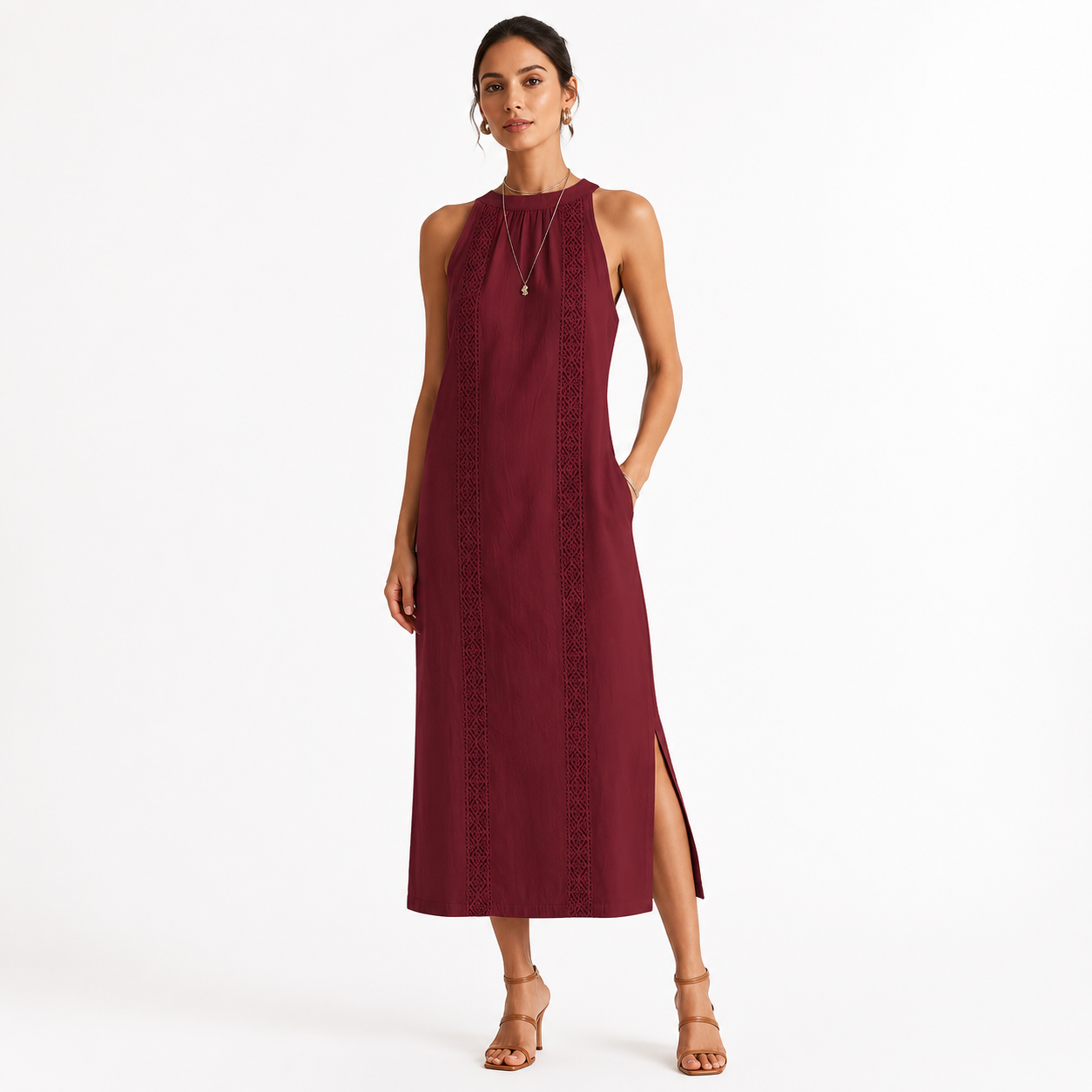 Montarello Women's Sleeveless Stand-Collar Linen-Blend Summer Midi Dress