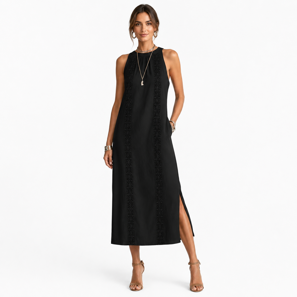 Montarello Women's Sleeveless Stand-Collar Linen-Blend Summer Midi Dress