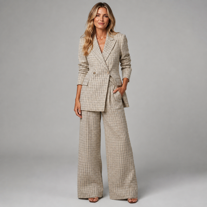 Montarello Women's Suit Set Check Blazer Wide-Leg Trousers