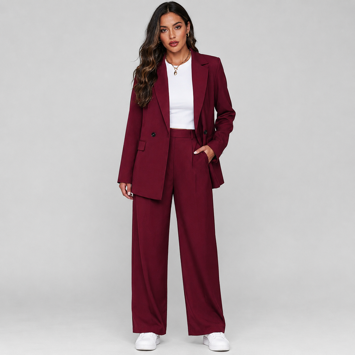 Montarello Women's Suit Set Longline Blazer Wide-Leg Trousers