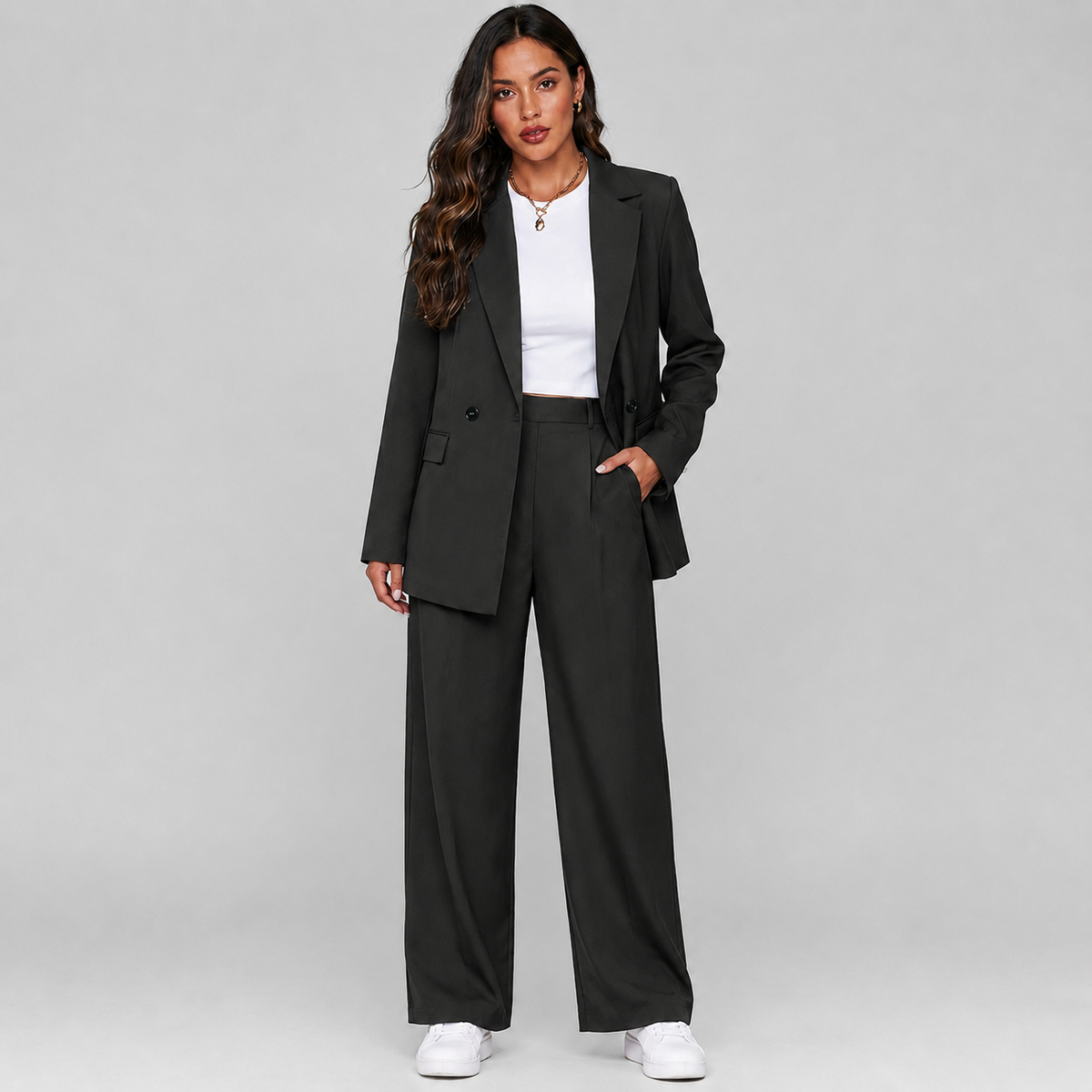 Montarello Women's Suit Set Longline Blazer Wide-Leg Trousers