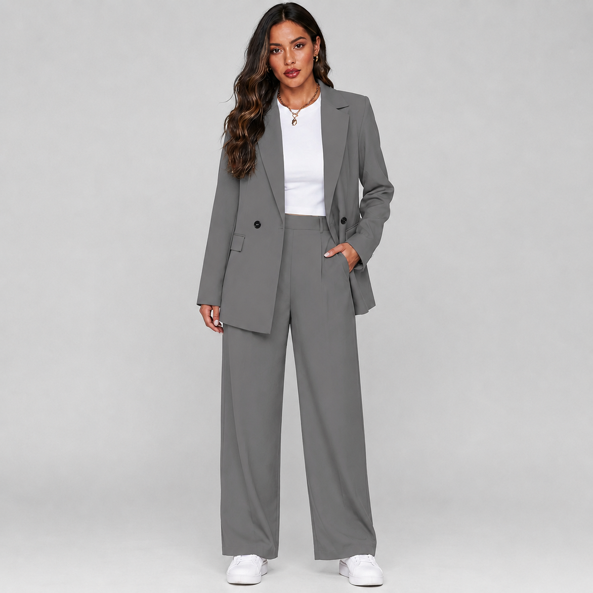 Montarello Women's Suit Set Longline Blazer Wide-Leg Trousers