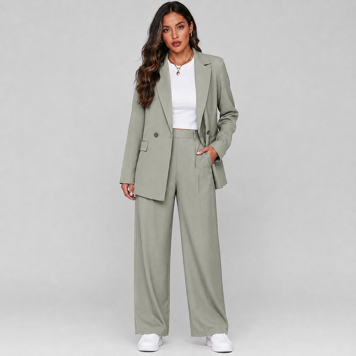 Montarello Women's Suit Set Longline Blazer Wide-Leg Trousers