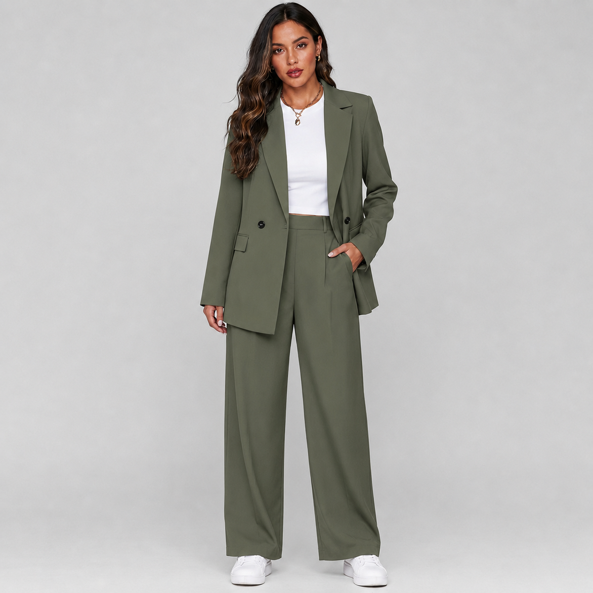 Montarello Women's Suit Set Longline Blazer Wide-Leg Trousers