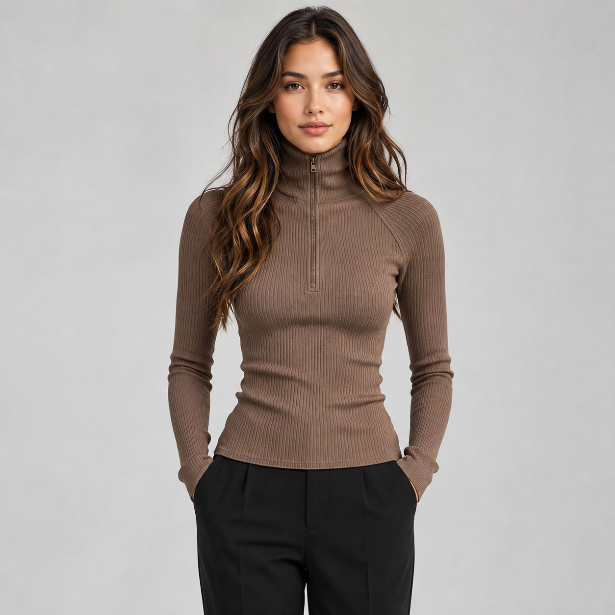 Montarello Women's Roll Neck Top Long Sleeve Zip