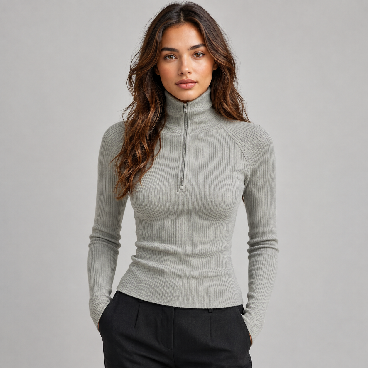 Montarello Women's Roll Neck Top Long Sleeve Zip
