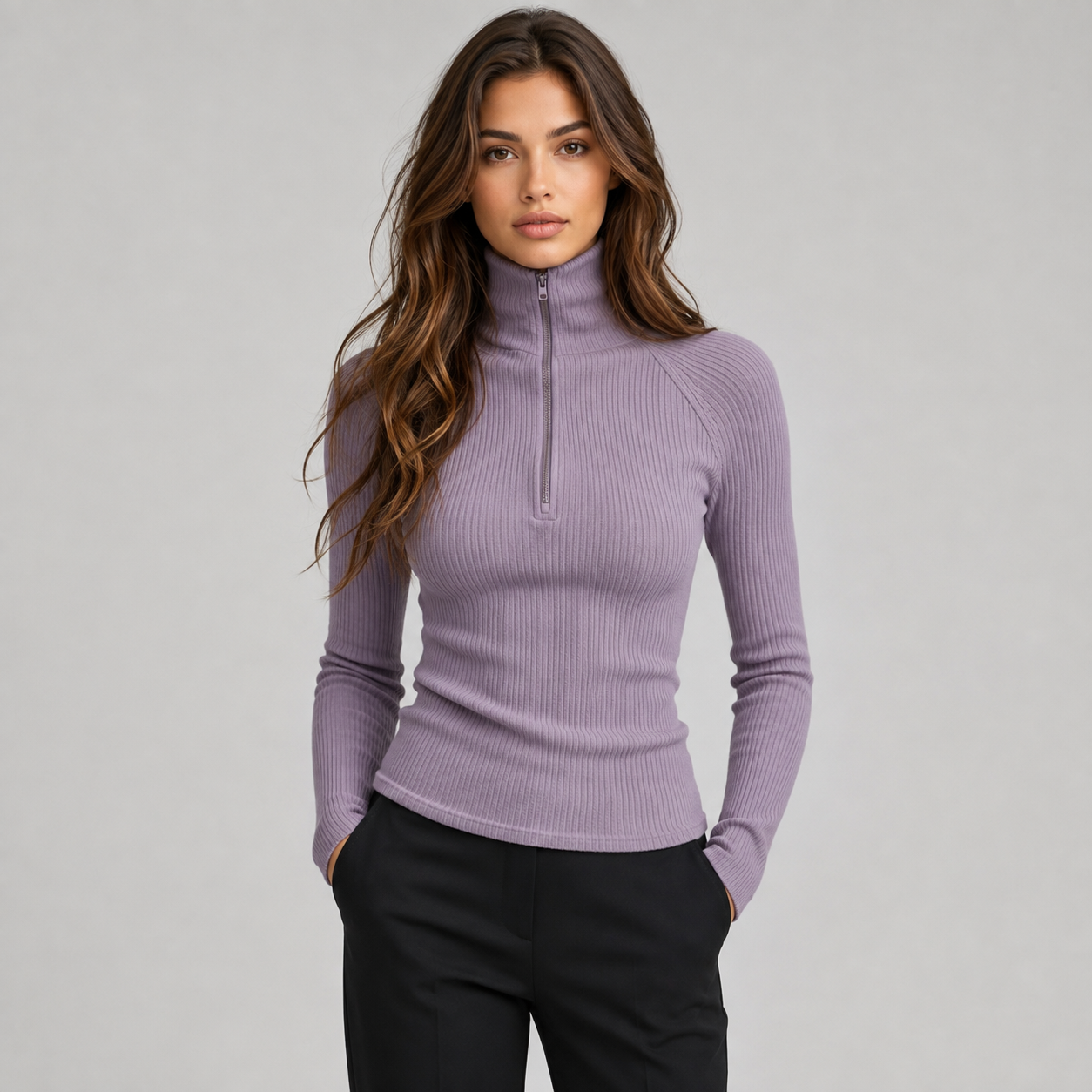 Montarello Women's Roll Neck Top Long Sleeve Zip