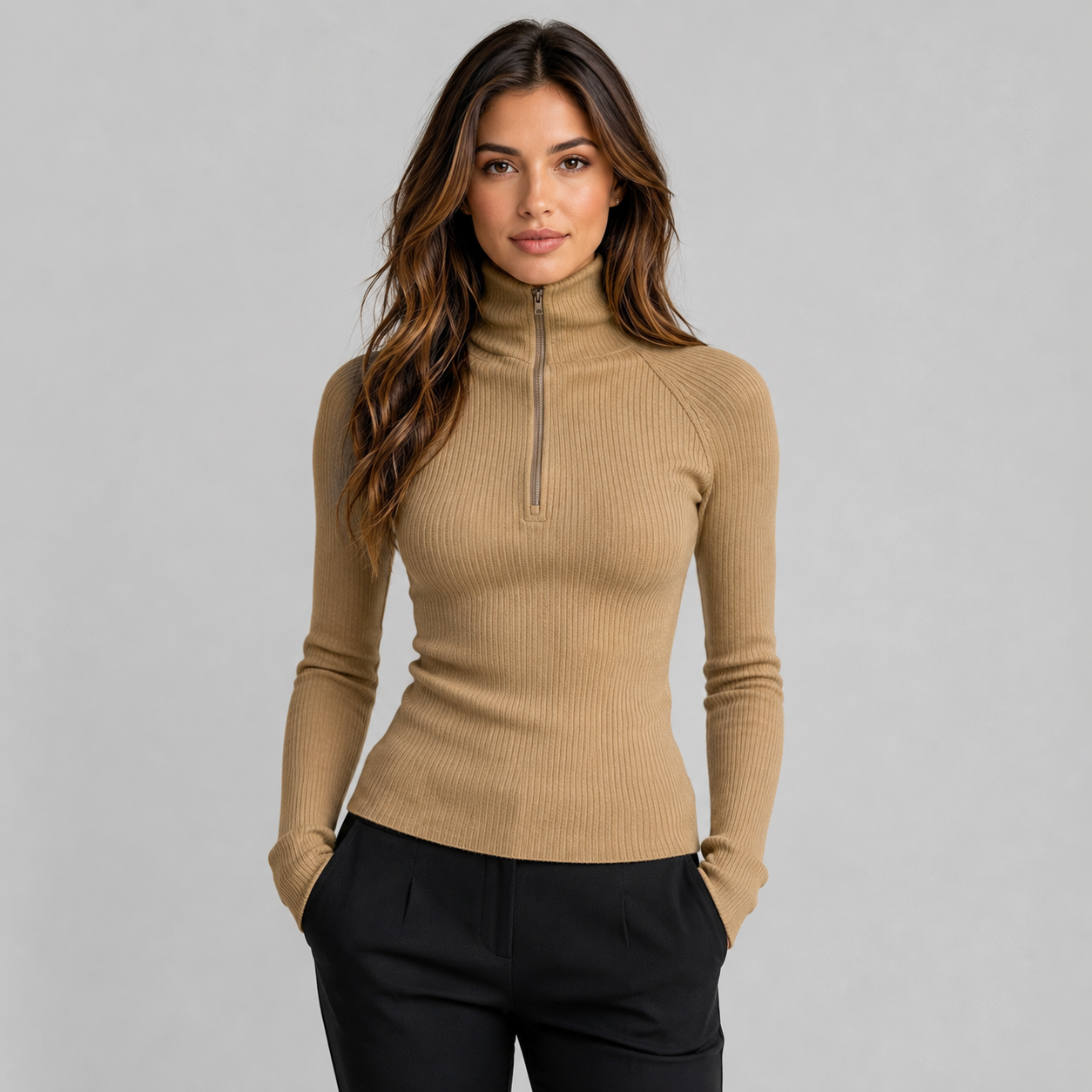 Montarello Women's Roll Neck Top Long Sleeve Zip