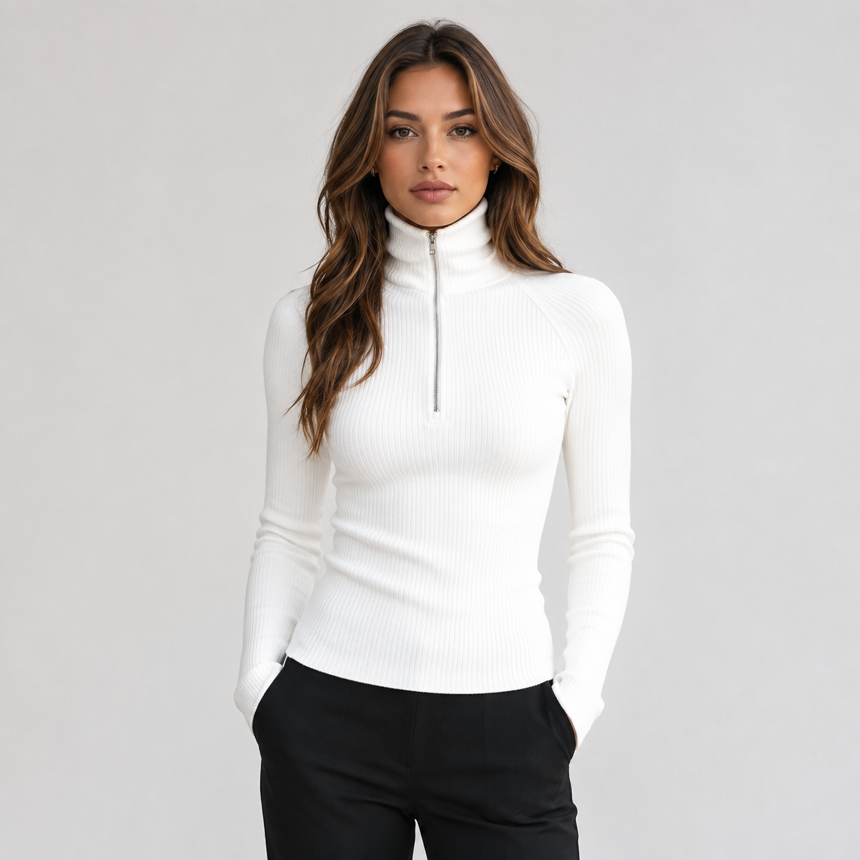 Montarello Women's Roll Neck Top Long Sleeve Zip