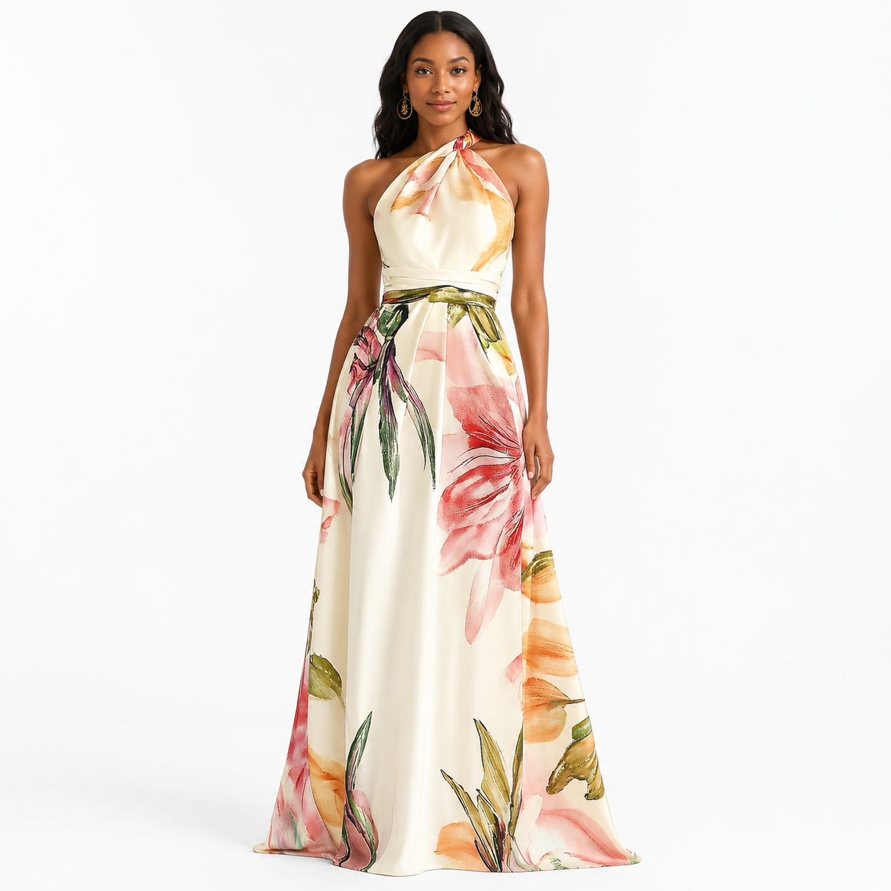 Montarello Women's Floral Satin-Look One-Shoulder Wedding Guest Maxi Dress