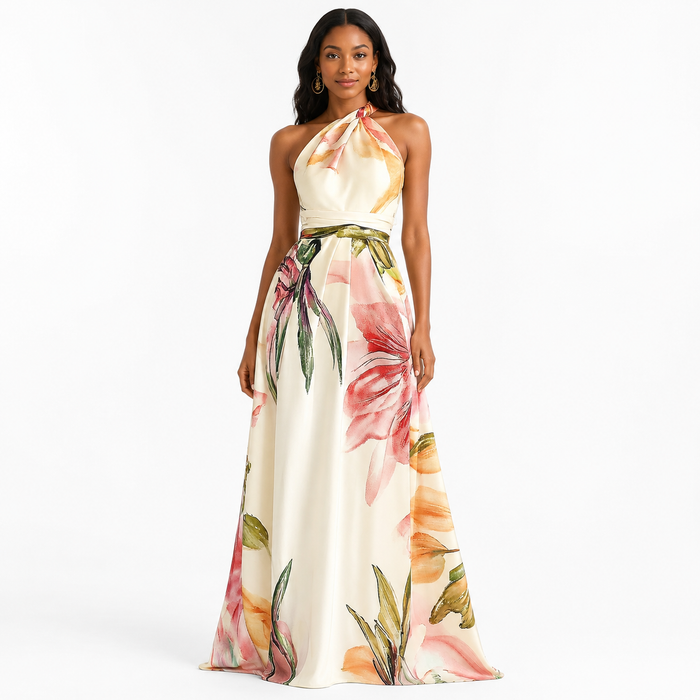 Montarello Women's Floral Satin-Look One-Shoulder Wedding Guest Maxi Dress