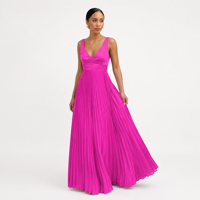 Montarello Women's V-Neck Pleated Maxi Wedding Guest Dress