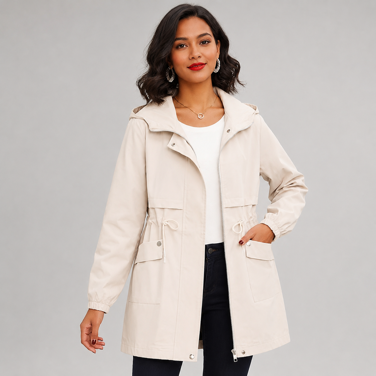 Montarello Women's Hooded Trench Coat Drawstring Waist
