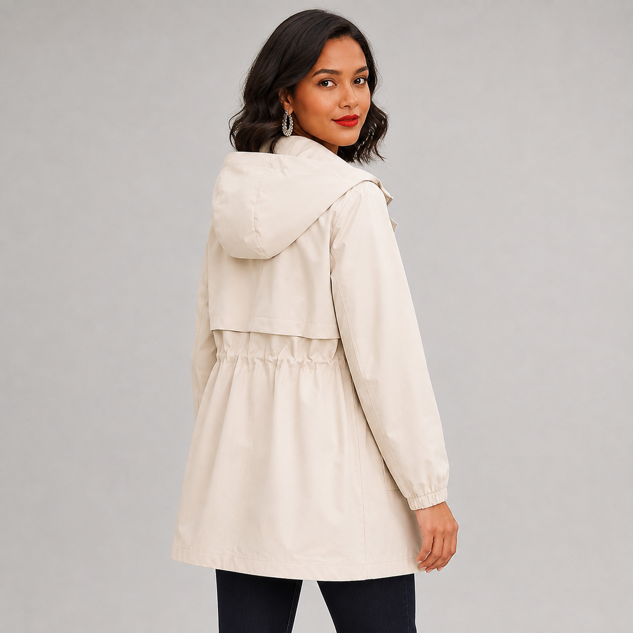 Montarello Women's Hooded Trench Coat Drawstring Waist