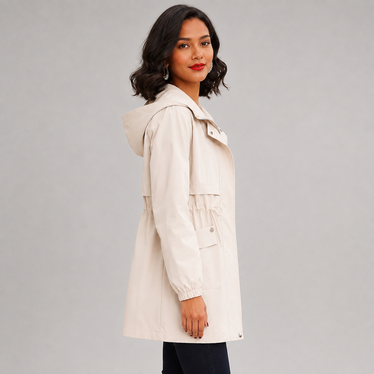 Montarello Women's Hooded Trench Coat Drawstring Waist