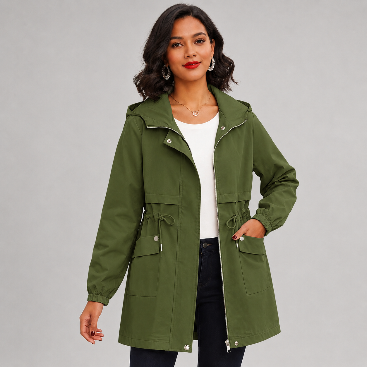 Montarello Women's Hooded Trench Coat Drawstring Waist