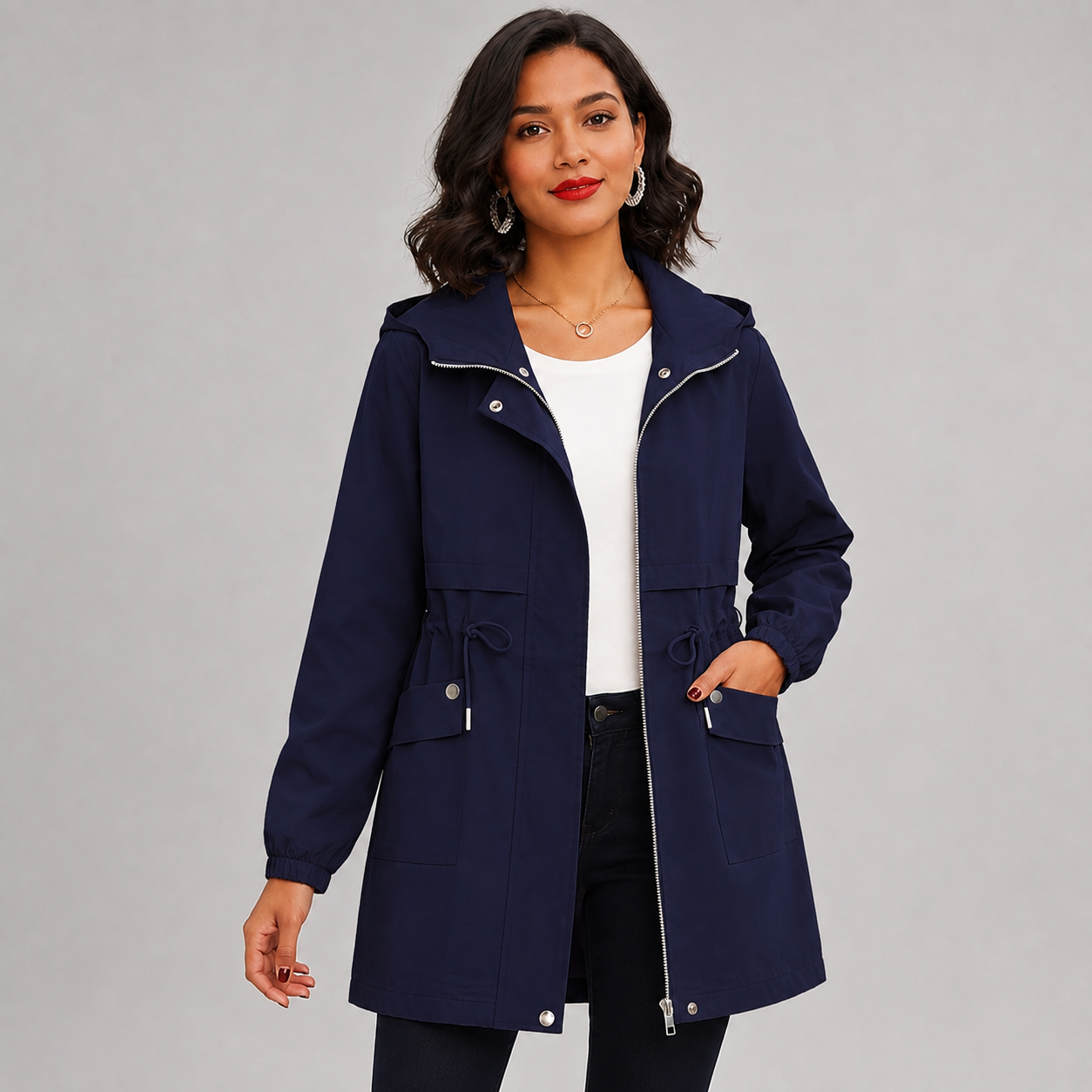 Montarello Women's Hooded Trench Coat Drawstring Waist