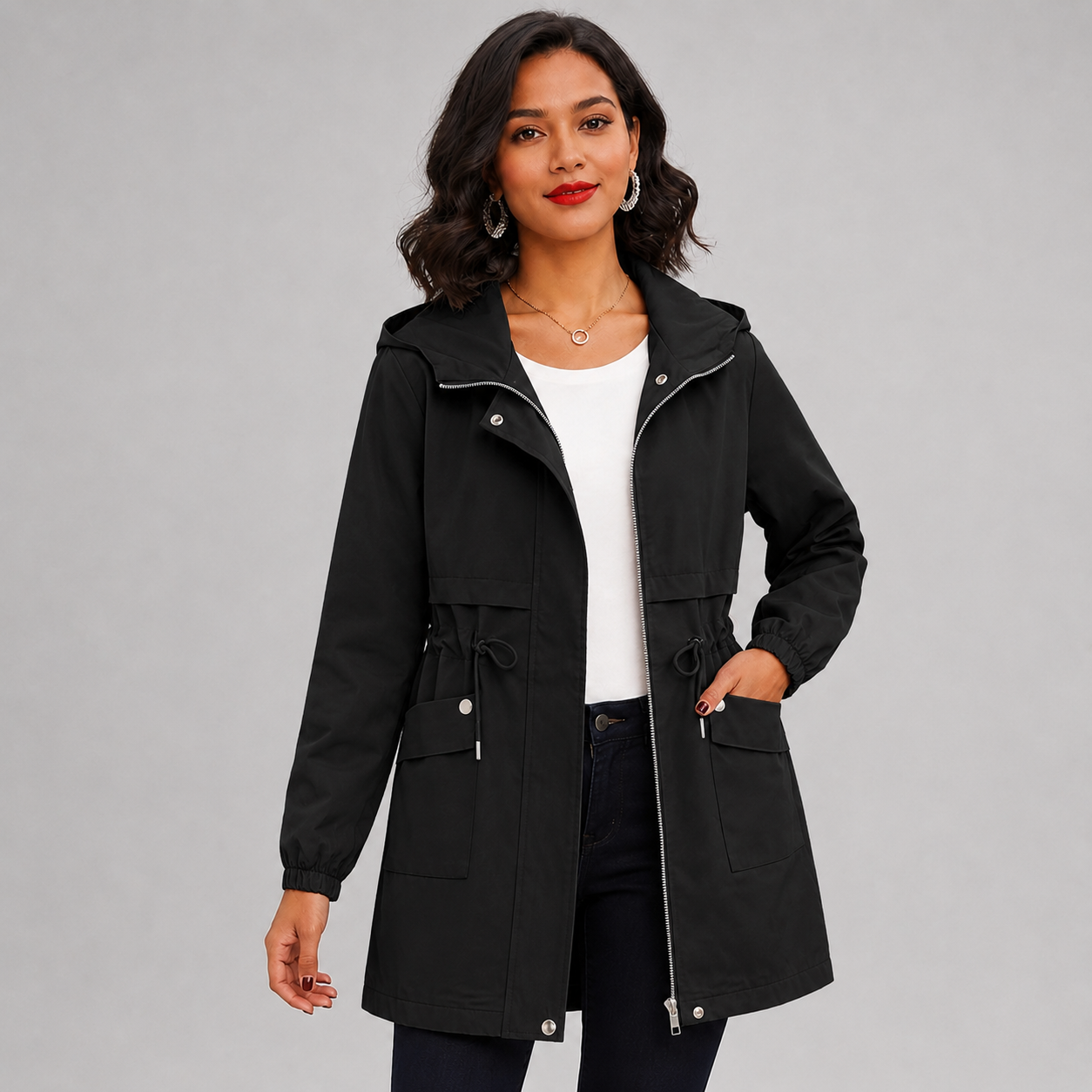 Montarello Women's Hooded Trench Coat Drawstring Waist