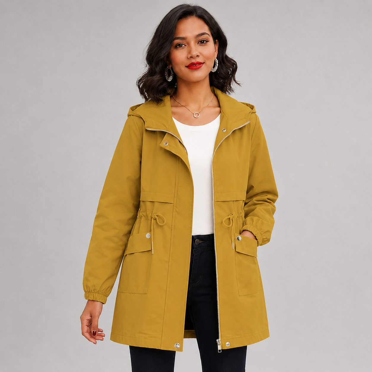 Montarello Women's Hooded Trench Coat Drawstring Waist