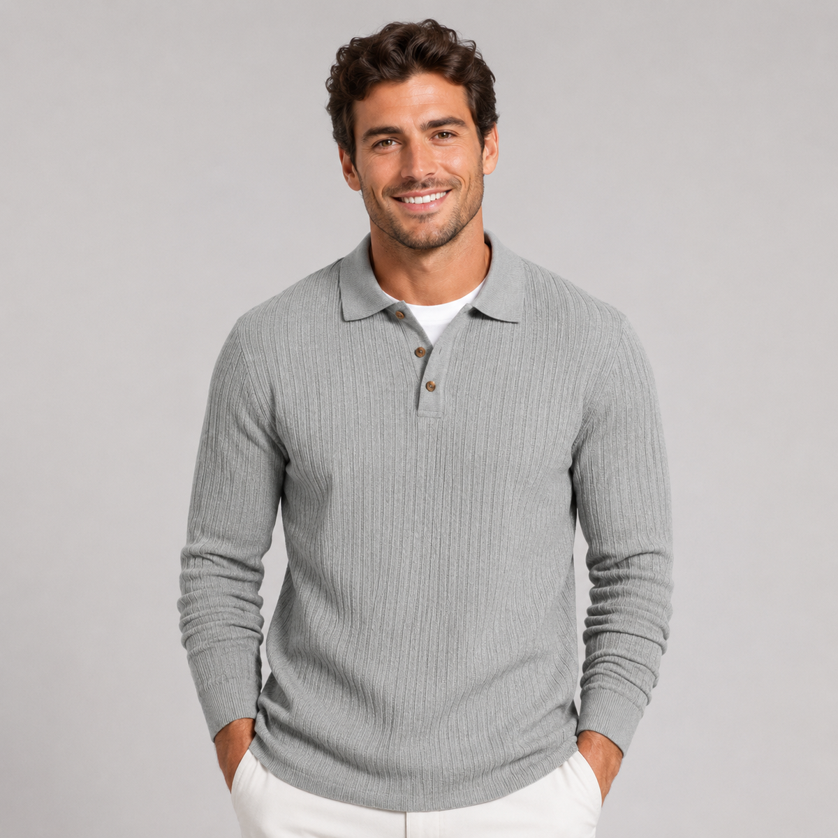 Montarello Men's Ribbed Polo Sweater with Long Sleeves