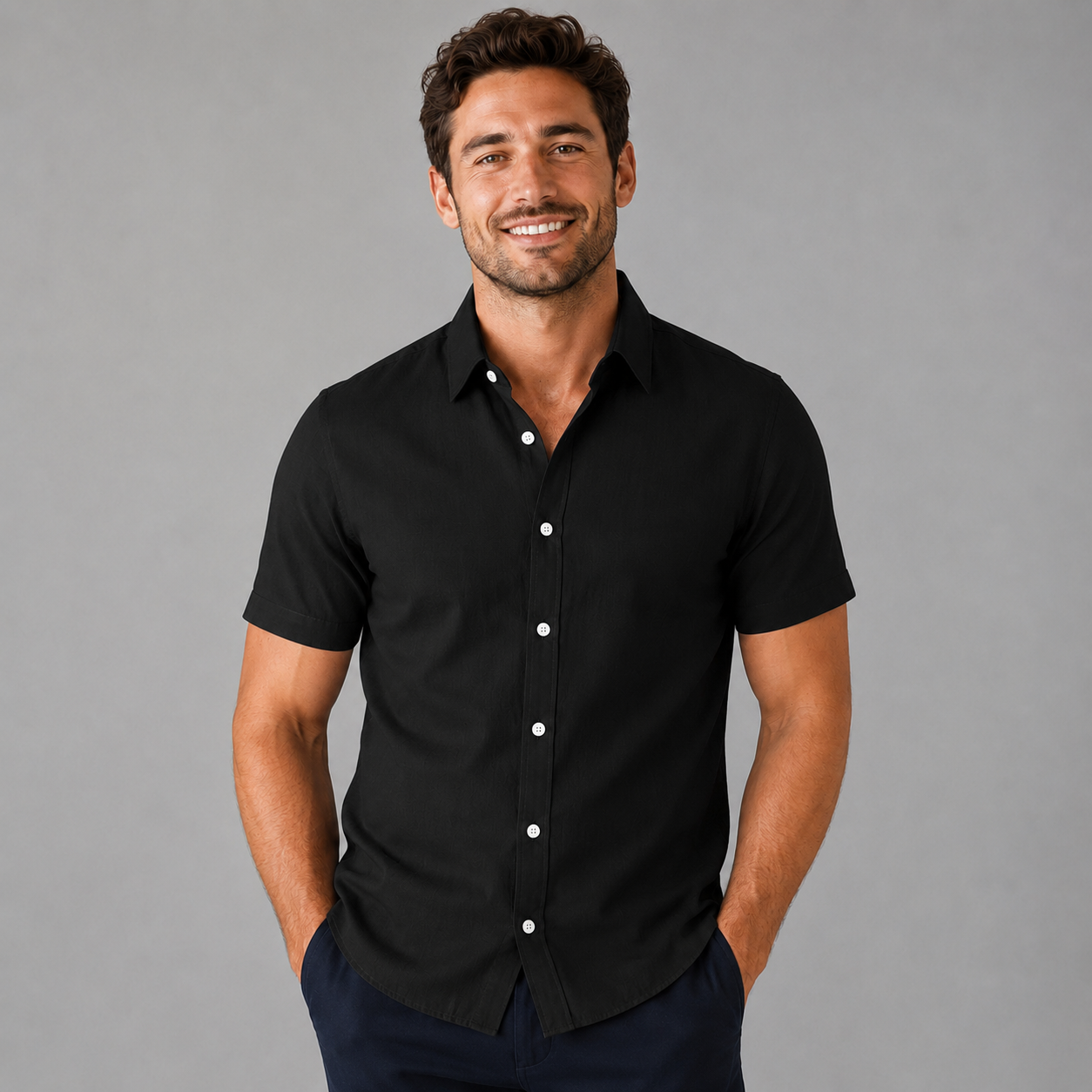 Montarello Men's Slim Fit Short-Sleeve Linen-Look Summer Shirt