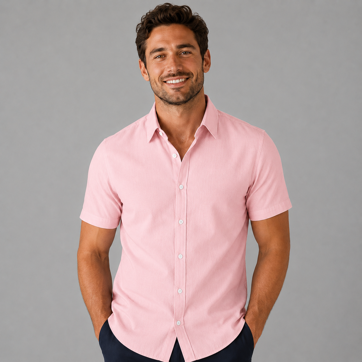Montarello Men's Slim Fit Short-Sleeve Linen-Look Summer Shirt