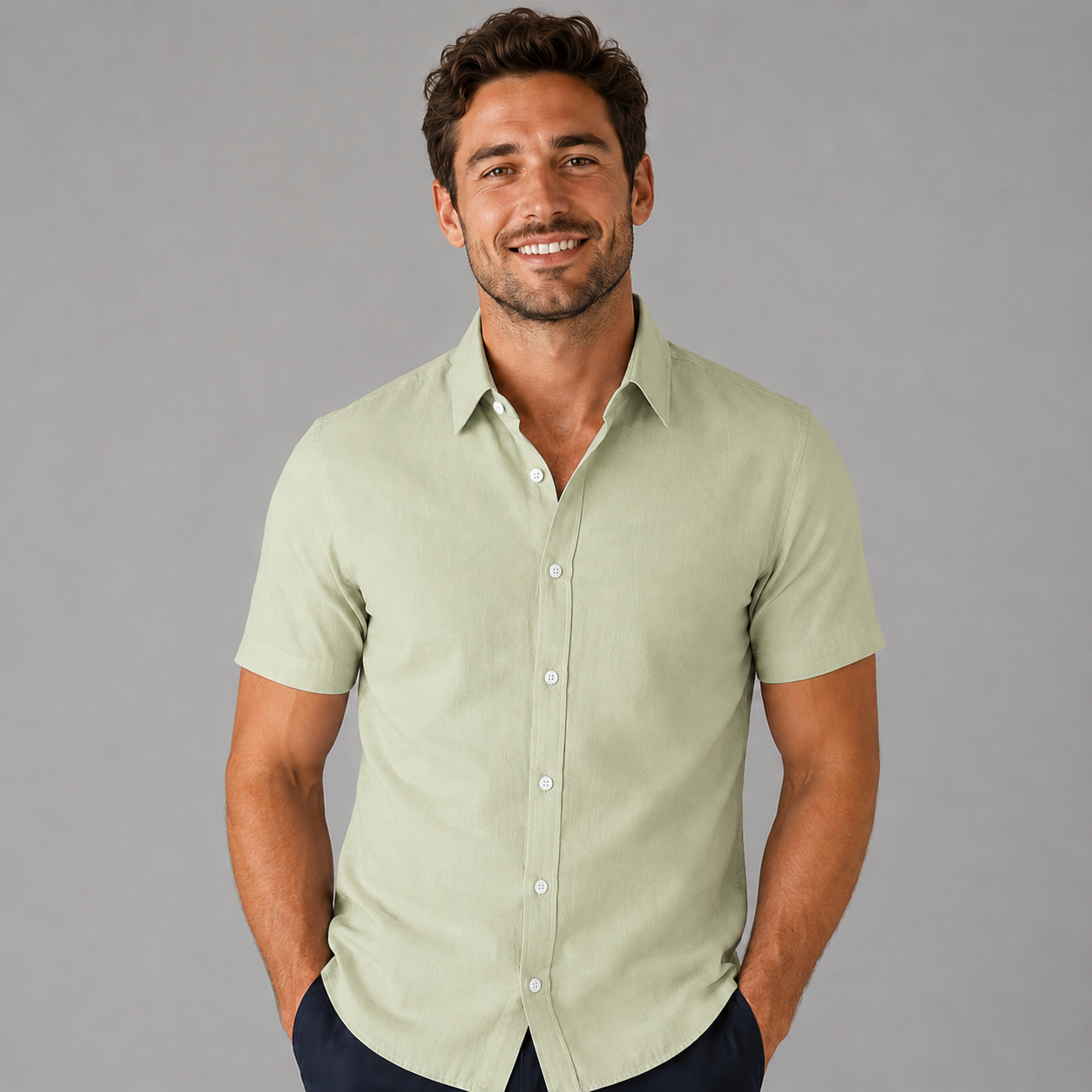 Montarello Men's Slim Fit Short-Sleeve Linen-Look Summer Shirt