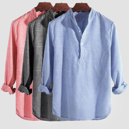 Montarello Henley Men's Linen-Look Striped Shirt