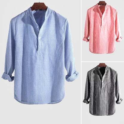 Montarello Henley Men's Linen-Look Striped Shirt