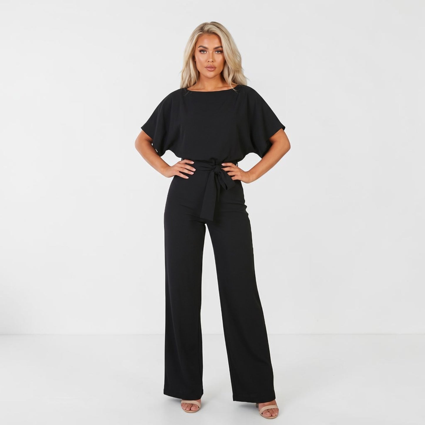 Wide-Leg Belted Short Sleeve Jumpsuit