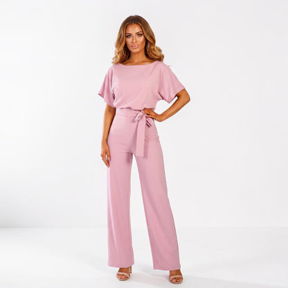 Wide-Leg Belted Short Sleeve Jumpsuit