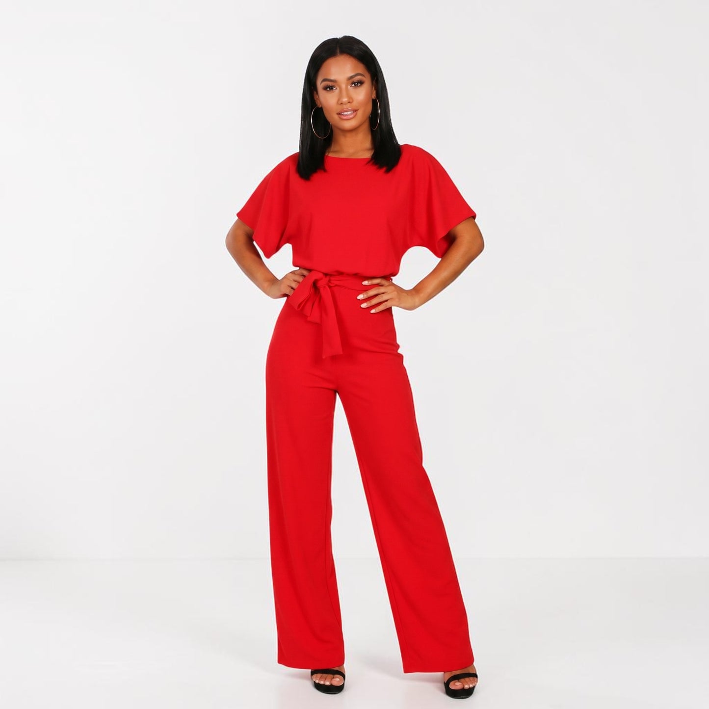 Wide-Leg Belted Short Sleeve Jumpsuit